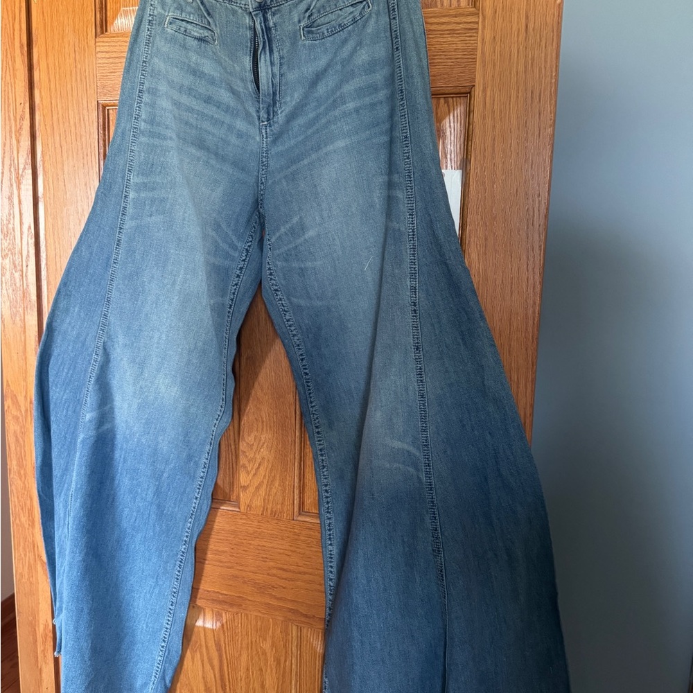 Free People High-Rise Wide Leg Flare Jeans - Medium Blue Wash